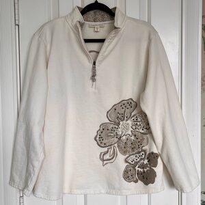Coldwater Creek Floral Embroidered Quarter zip pullover